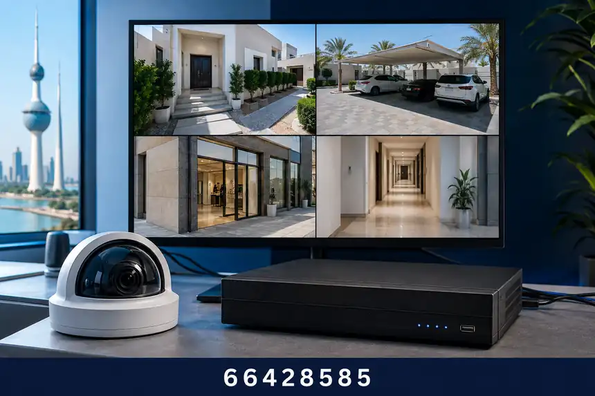 جهاز تسجيل NVR وشاشة تعرض أربع كاميرات مراقبة